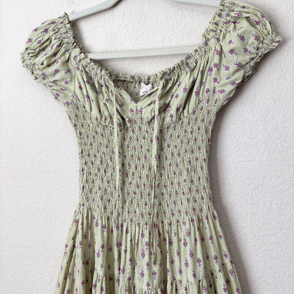 Smocked Floral Maxi Dress in Light Green - Picture 2 of 11